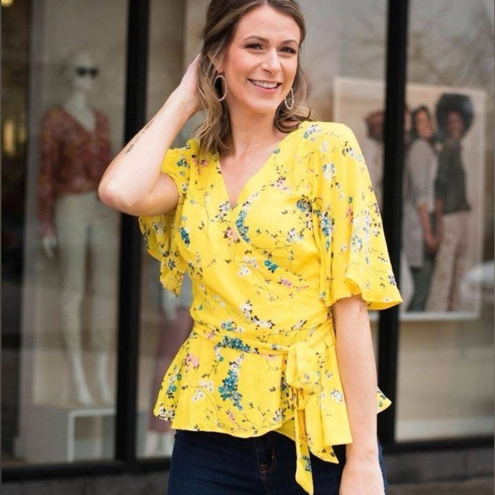 LOFT Yellow Floral Wrap-Tie Blouse - Picture 8 of 9